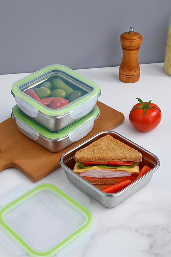 Set of 2 Stainless Steel Sandwich Containers - Food Grade Stainless Steel Metal Base plus a BPA Free, Lock Tight BPA Free Lid with Airtight Silicone Seal. Great for Sandwiches and Snacks