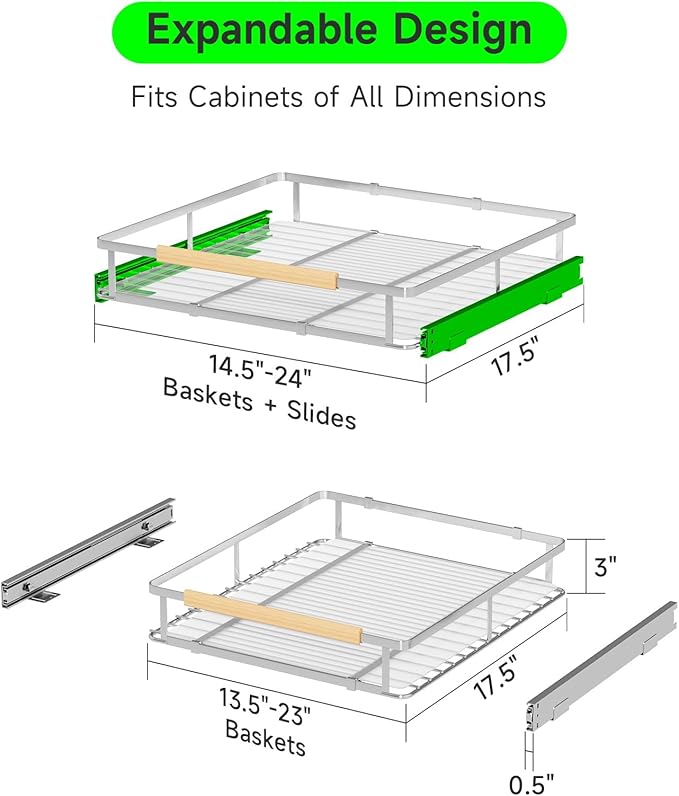 Expandable Pull Out Drawers for Cabinets, Kitchen Cabinet Slide Out Shelves, Adjustable Roll Out Drawers, Stainless Steel, Medium 2 Pack, (14.5"-24") Width x 17.5" Depth