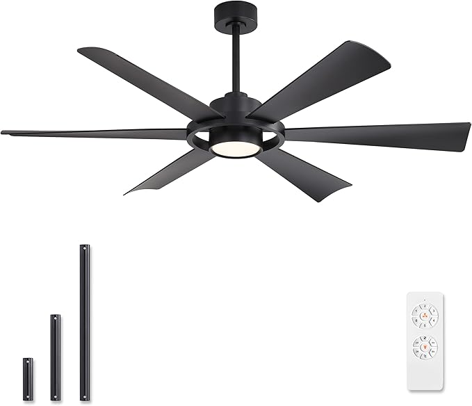 ELEHINSER 60" Ceiling Fan with Lights - 6 ABS Plastic Blades, 3 Downrods, 6-Speed Reversible DC Motor, 3CCT, Windmill Ceiling Fan for Kitchen Bedroom Living Room, Matte Black