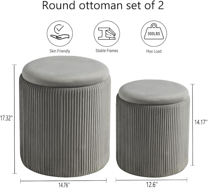 Round Set of 2 Ottoman with Storage-Upholstered Velvet Vanity Stool for MakeupMultifunctional Ottomans Coffee Table Padded Seat Foot Rest for Living Room&Bedroom(Ligth Grey)