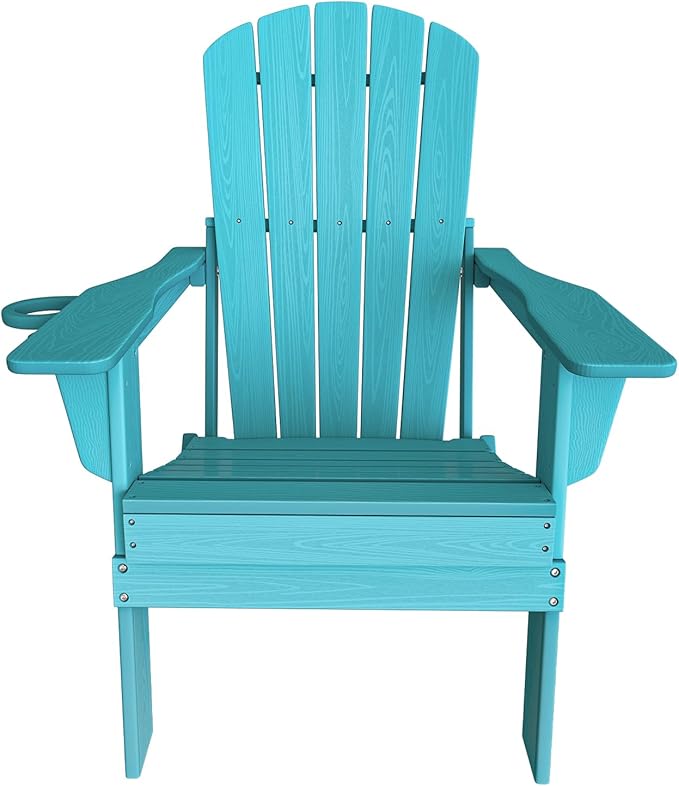Plawdlik Folding Adirondack Chair, SGS Tested, Wooden Textured with Cup Holder, Heavy All-Weather HDPE Comfortable Set Poolside Backyard Lawn Aruba Blue Set 2