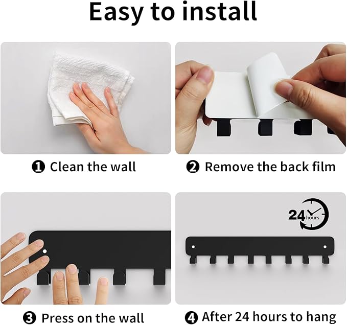 pickpiff Key Holder Wall Mount, Adhesive Key Rack with 8 Hooks Hanger for Car Key Ring, Metal Key Chain Organizer, Black 1 Pack