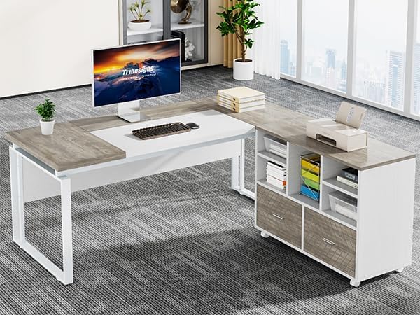 Tribesigns L-Shaped Executive Desk with Reversible File Cabinet, 63" Office Desk with Storage Drawers, L-Shaped Computer Desk with Drawer Cabinet for Hanging Letter Size Files,Gray & White