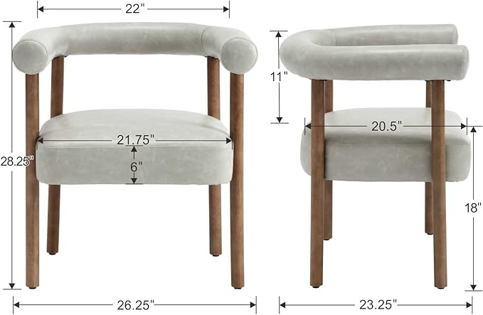Mid-Century Modern Dining Chairs Set of 6, Armrest Barrel Dining Chairs Side Accent Chairs with Curved Back, Upholstered Wood Armchairs for Kitchen, PU Leather Grey
