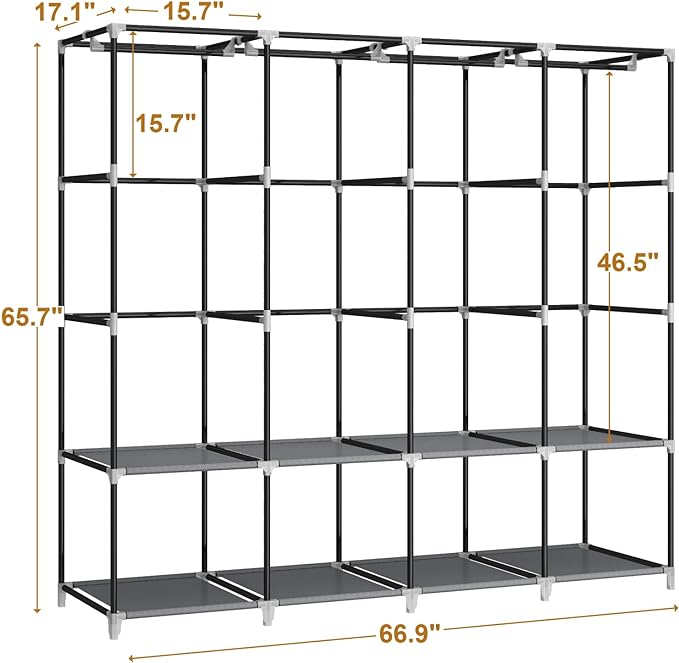 Portable Closet Wardrobe, 67-Inch Clothes Organizer with 4 Hanging Rods and 8 Shelves, Non-Woven Fabric Cover, Large Capacity Storage for Bedroom and Living Room, Grey