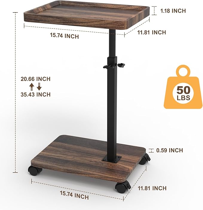 C Shaped End Table Adjustable Height, Couch Tables That Slide Under with Wheels, 360° Swivel C Side Table for Couch, Sofa, Living Room, Bedroom, Small Spaces (Walnut Veneer)