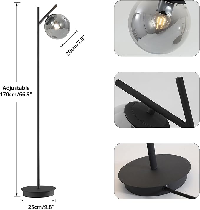 Mid Century Floor Lamp for Living Room Moderm Tall Standing Lamp with Frosted Glass Globe Shades Contemporary Brass Freestanding Lamp for Office Bedroom (Black-Smoky Gray)