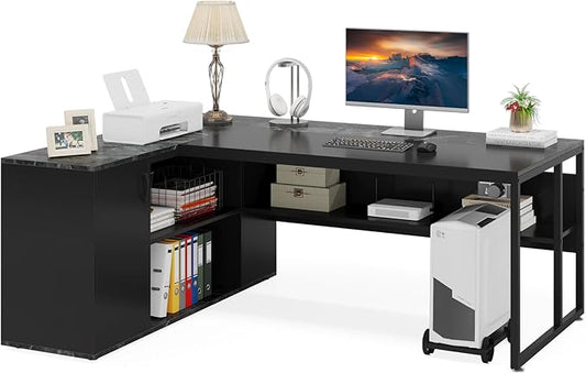 LITTLE TREE Large Executive Desk with File Cabinet, 71 inch L Shaped Computer Desk Office Desk with Drawers and Storage Shelves, Business Furniture Desk Workstation for Home Office, Black