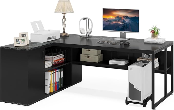 Little Tree 71-inch Executive Desk with File Cabinet, L-Shaped Computer Desk Office Desk with Drawers and Storage Shelves, Business Furniture Desk Workstation for Home Office, Balck
