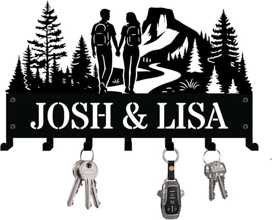 NIWAHO Personalized Backpacker Couple Key Holder with Name – Custom Metal Wall Sign with Hooks, Hiking Adventure Design for Entryway or Cabin Decor
