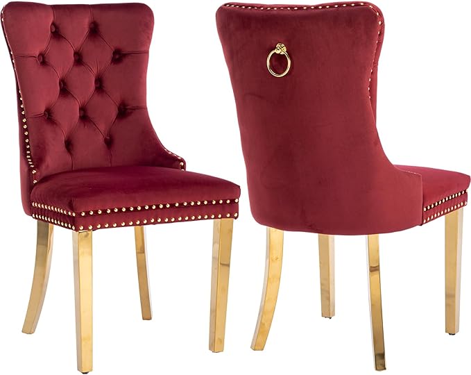 Luxury Upholstered Dining Chairs Set of 2, Red Kitchen Chair with Golden Metal Legs, Velvet Tufted Back Dining Chair, Sillas de Comedor, Modern Kitchen & Dining Room Chairs (Burgundy, 2 Pcs)