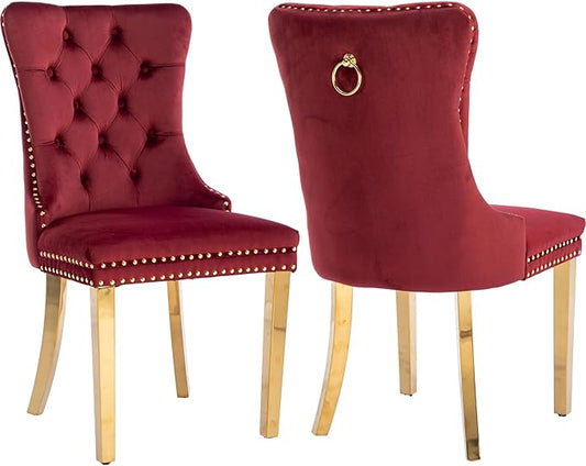 Luxury Upholstered Dining Chairs Set of 2, Red Kitchen Chair with Golden Metal Legs, Velvet Tufted Back Dining Chair, Sillas de Comedor, Modern Kitchen & Dining Room Chairs (Burgundy, 2 Pcs)