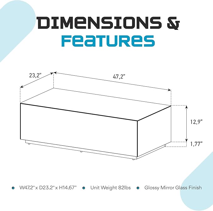 SONOROUS Premium Tempered Glass Coffee Table - Modern Mirror Rectangular Coffee Tables for Living Room - High Gloss Fingerprint Resistant Mid Century Design - Stylish Living Room Furniture & Décor