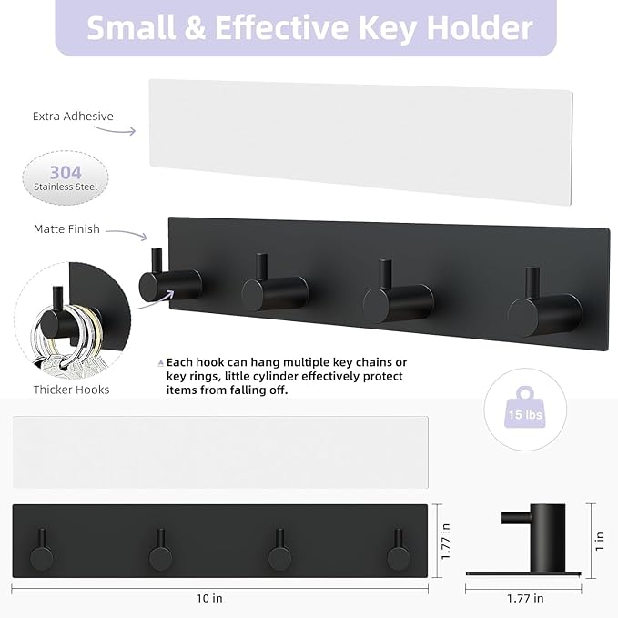 VIS'V Key Holder Wall Mount, Large Metal Self Adhesive Key Hanger with 4 Hooks, No Drilling, Extra Adhesive Strip, Black
