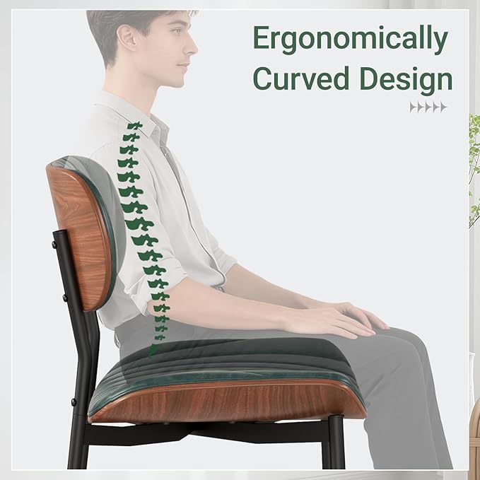 Mid Century Modern Dining Chairs Set of 4,Upholstered Faux Leather Kitchen Chairs with Walnut Bentwood Back and Metal Legs for Kitchen Dining Room Living Room, Green