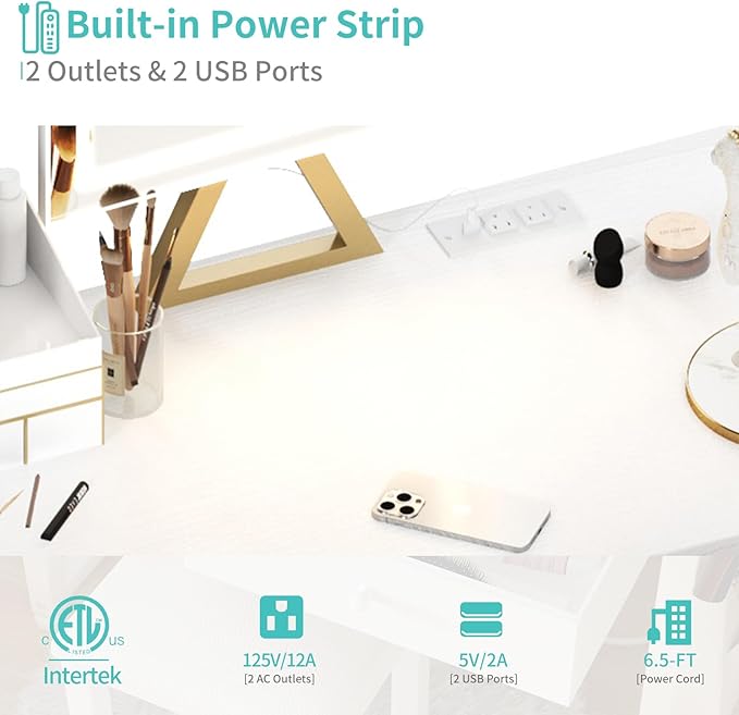 Lufeiya Small Makeup Vanity Desk with Mirror and Light, 32 inch White Vanity Desks Sets with Fabric Drawers for Girls Teen, Dressing Table and Chair Set with Power Outlet for Bedroom, White Gold