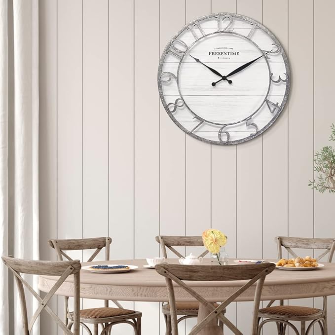 Presentime & Co 21" Farmhouse Series Wall Clock, Shiplap Style, Raised 3D Arabic Numeral, Galvanized Finish. Wall Décor for Living Room, Dining Room, and Entryway.