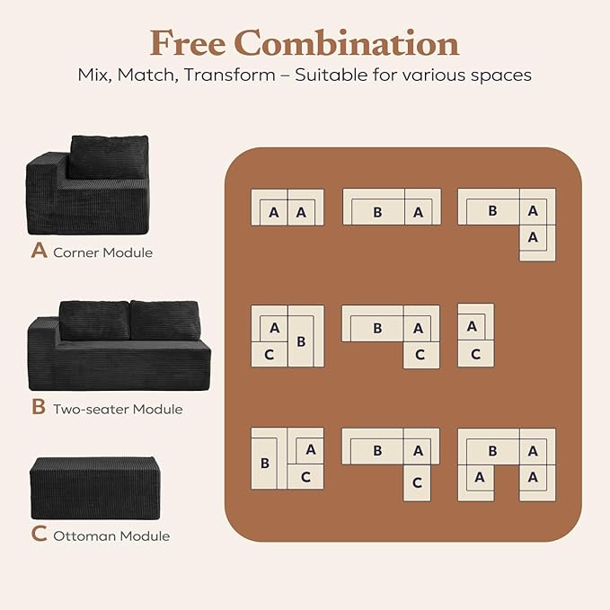 106" 3-Seater Sofa, Cloud Modular Sofa with Certified Foam, Upholstered Floor Sofa with Deep Seat, Upholstered Sofa for Bedroom Living Room, No Assembly Required (Plush Corduroy Fabric, Black)