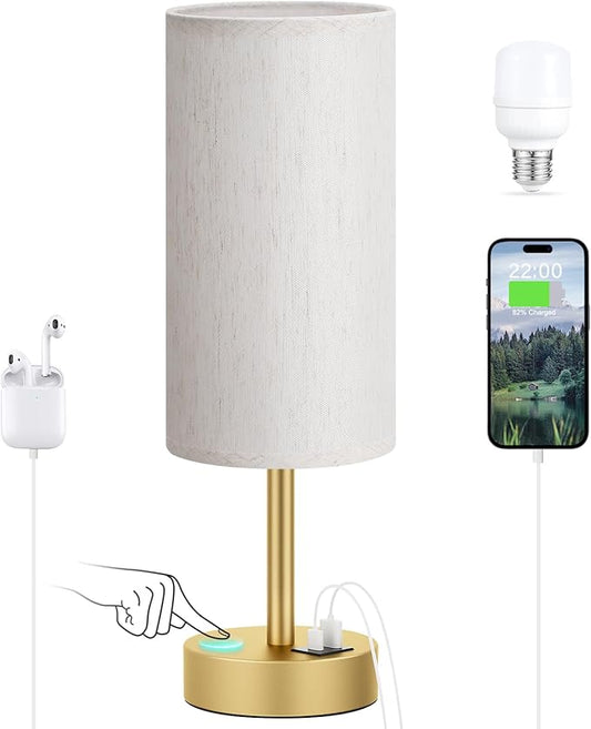 Small Touch Bedside Lamp with USB - 3 Way Dimmable Gold Table Lamp for Bedroom, Nightstand Lamp with Gold Charging Station for Desk Dorm, Office
