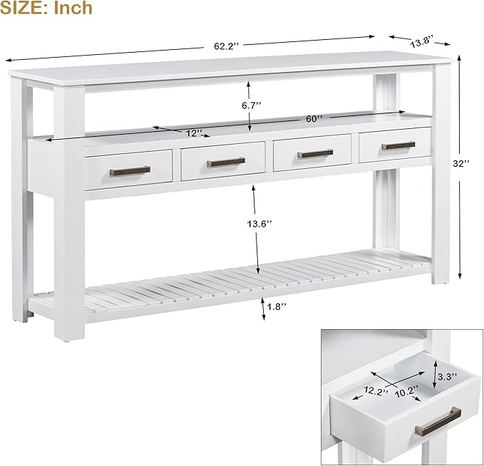 Modern Console Table 62-Inch Long Narrow Entry Sofa Table with Storage Shelves & Drawers for Living Room Entryway (White)
