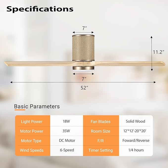 52" Ceiling Fan with Light - Low Profile Flush Mount Ceiling Fan, 6-Speed Remote Control, Solid Wood, Quiet Reversible DC Motor, Boho Style, for Bedroom, Living Room, Porch, Light Oak/Gold