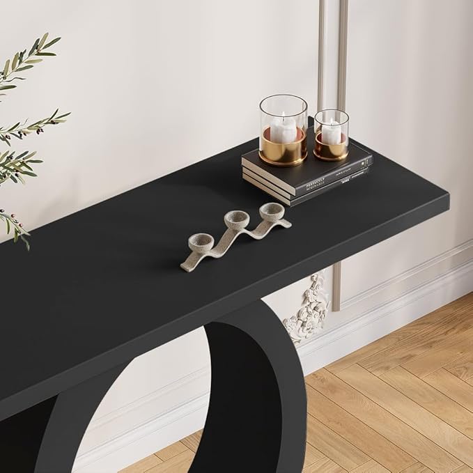LOVEDIMA 39.4" Modern Entryway Console Table - Slim White Wooden Design with Circle Base, Space-Saving for Hallway, Living Room & Small Spaces (Easy Assembly) (Black)