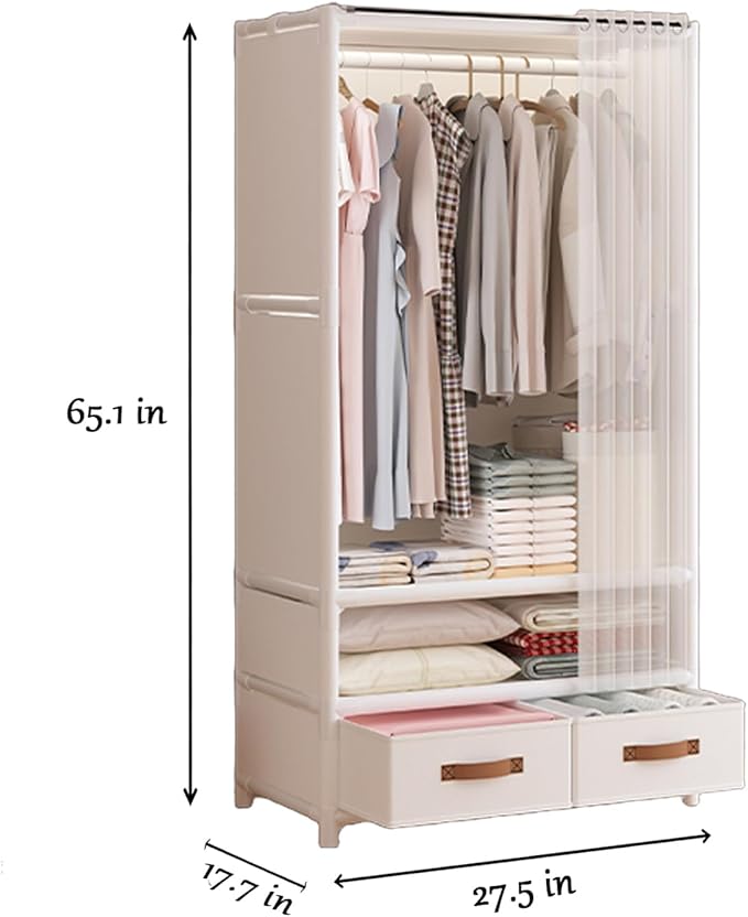 Portable Closet,Portable Closets for Hanging Clothes,Japanese Style Garment Rack Clothing Rack with 2 Drawers,1 Hanging Rods and 2 Storage Shelves,27.5" L x 17.7" W x 65.1" H,White
