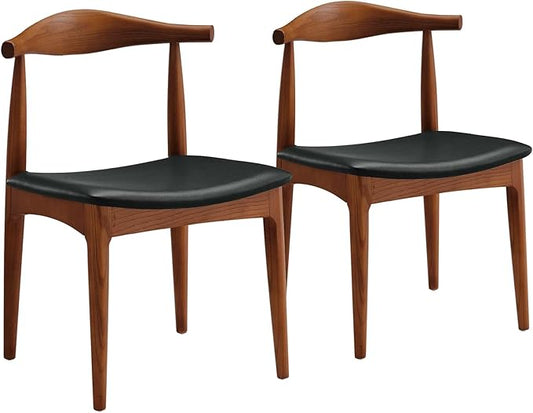 Solid Wood Dining Chairs Set of 2, Mid Century Dining Chairs, Upholstered PU Leather Chairs with Wide Curved Backrest, Chairs for Dining Room, Kitchen, Walnut Finish