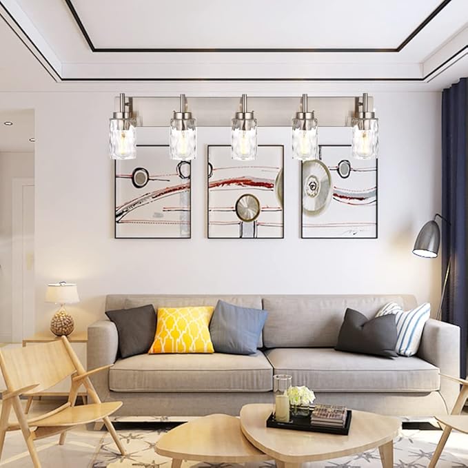 BONLICHT Transitional Vanity Lighting Fixtures Brushed Nickel with Clear Hammered Glass Shade,Farmhouse 5 Light Bathroom Lights Wall Sconces Contemporary Indoor Wall Mount Lights for Kitchen Sink