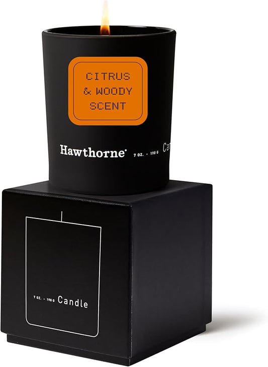 Hawthorne Citrus & Woody Cologne-Scented Candle. Crisp, Clean Citrus with a Grounded Woody Base. Notes of Grapefruit, Eucalyptus, Neroli, and Cedar. Soy Blend Wax, 7 Oz. About 50 Hours of Burn Time.