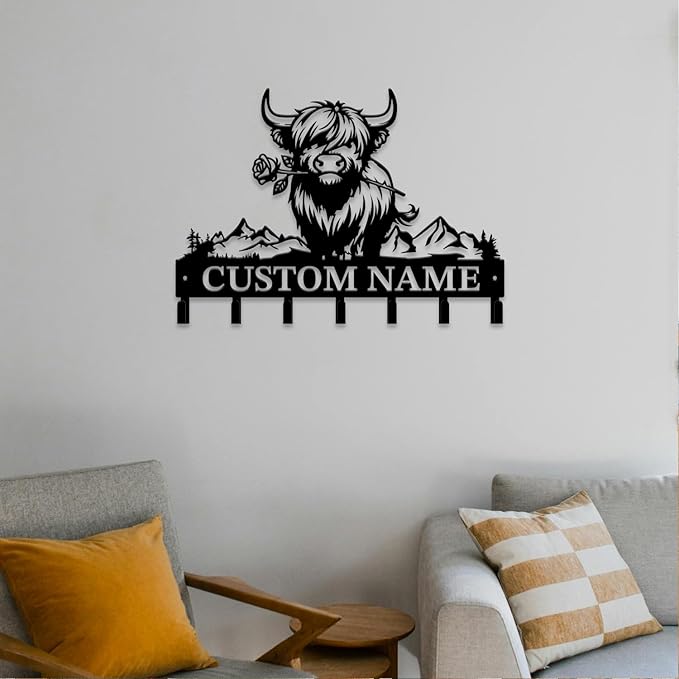 Personalized Highland Cow Metal Keys Hooks,Custom Name Metal Highland Cow Keys Hooks,Black Metal Highland Cow Wall Home Storage Decorative Keys Hooks,Key Holder Hooks for Wall (Style D)