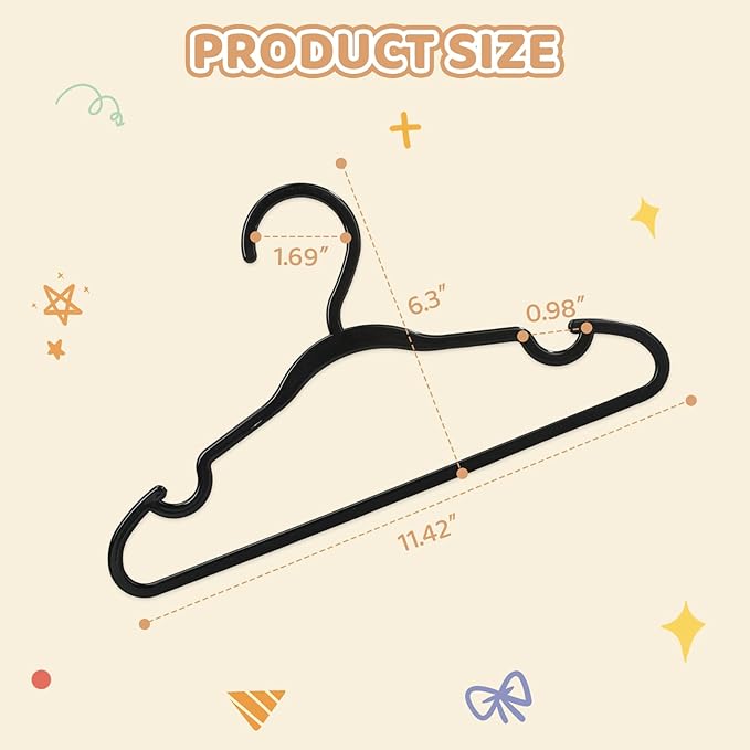 100 Pack Black Baby Hangers 11.42 Inch - Kids Non-Slip Clothes Hangers for Infant & Child, Durable Plastic Children's Hangers for Closet, Pants, Coats, Skirts