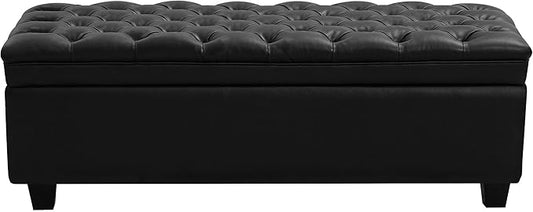 50" Faux Leather Storage Ottoman Bench, Upholstered Rectangle End of Bed Storage Ottoman Tufted Living Room Bedroom Bench with Safety Hinge, Solid Wood Legs, Loads 500 lb(Black)