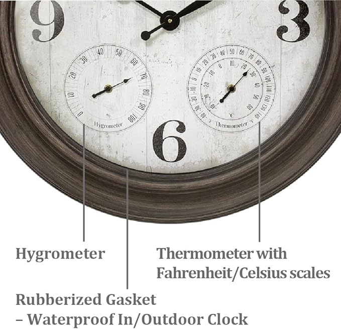 Presentime & Co. 26" Clifton in/Outdoor Farmhouse Clock with Thermometer & Hygrometer as All in One Weather Station, Farmhouse Wall Art and Timepiece for Home Decoration, Grey Oak Finish