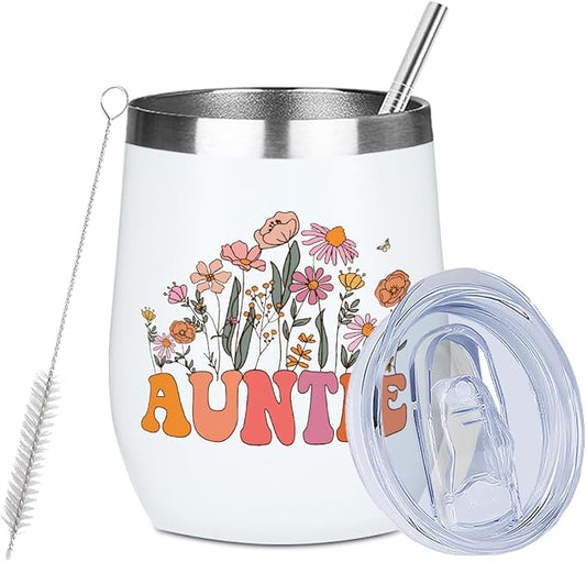 Auntie Gifts Wine Tumbler 12 oz Insulated Wine Glass Cup with Lid Straw Vacuum Insulated Travel Cup,Mothers Day Aunt Birthday Gifts From Niece Best Gift for Women Nana Yaya Christmas Halloween