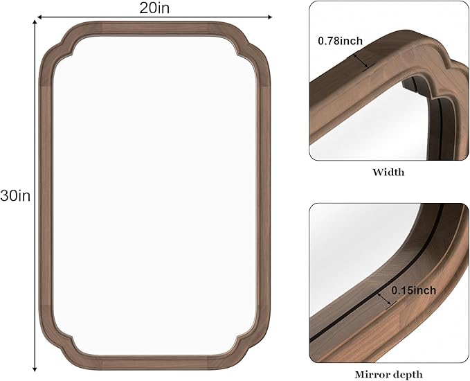 WallBeyond 20" x 30" Rounded Corner Arch Wall Mirror with Wood Frame for Entryway, Living Room or Bedroom Home Decor - Light Woodgrain [20" x 30" Walnut]