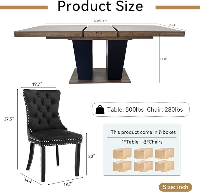 Goujxcy 9-Piece Extendable Dining Table Set for 6-8 People 63-78 Inch Kitchen Table Set with 8 Velvet Upholstered Chairs Farmhouse Rectangular Dining Room Table Set for Kitchen Dining Room Apartment