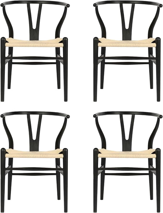 Tomile Wishbone Chair Y Chair, Wooden Dining Chairs Set of 4, Mid Century Modern Chairs with Arms, Solid Wood Weave Seat Kitchen & Dining Room Chairs (Ash Wood-Black Frame + Natural Cord)