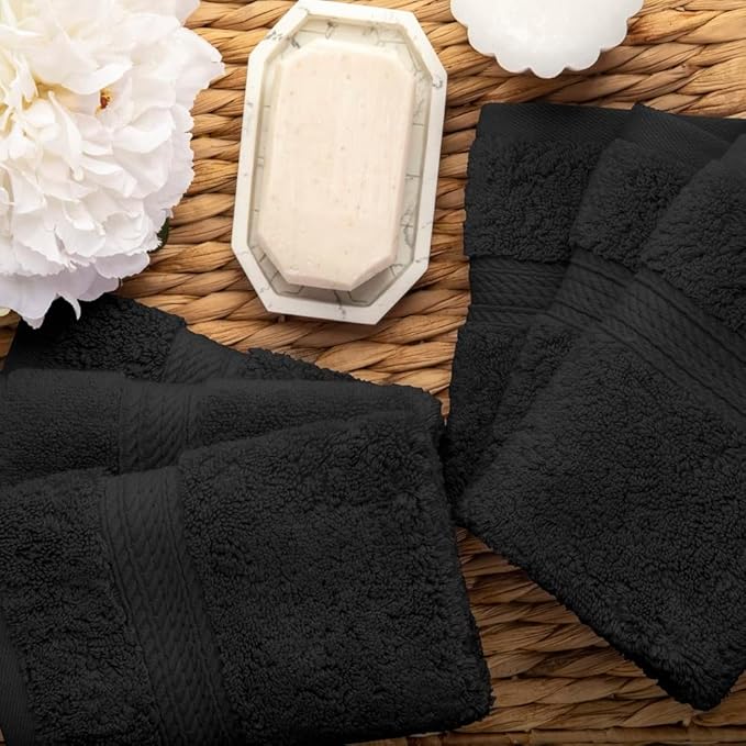 Superior Egyptian Cotton Pile Face Towel/Washcloth Set of 6, Ultra Soft Luxury Towels, Thick Plush Essentials, Absorbent Heavyweight, Guest Bath, Hotel, Spa, Home Bathroom, Shower Basics, Black