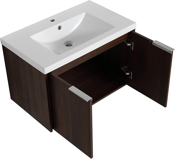 Goujxcy 30" Wall Mounted Bathroom Vanity with Sink, Modern Floating Bathroom Cabinet with White Resin Wash Basin & Storage Cabinet, Soft-Close Door Wood Hanging Bath Room Cabinet