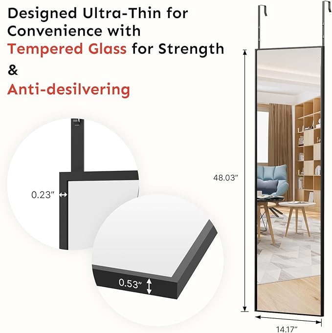 Kosmonia 48x14 Inch Full Length Tempered Glass Door Mirror - Over The Door Hanging, No Drill Installation, Suitable for Bedroom & Closet, Sturdy Hanging Design