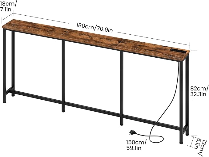 70.9" Narrow Console Table with Power Outlet 7.1" Skinny Sofa Table, Long Behind Couch with Charging Station for Hallway, Living Room Rustic Brown and Black TXG18UBF
