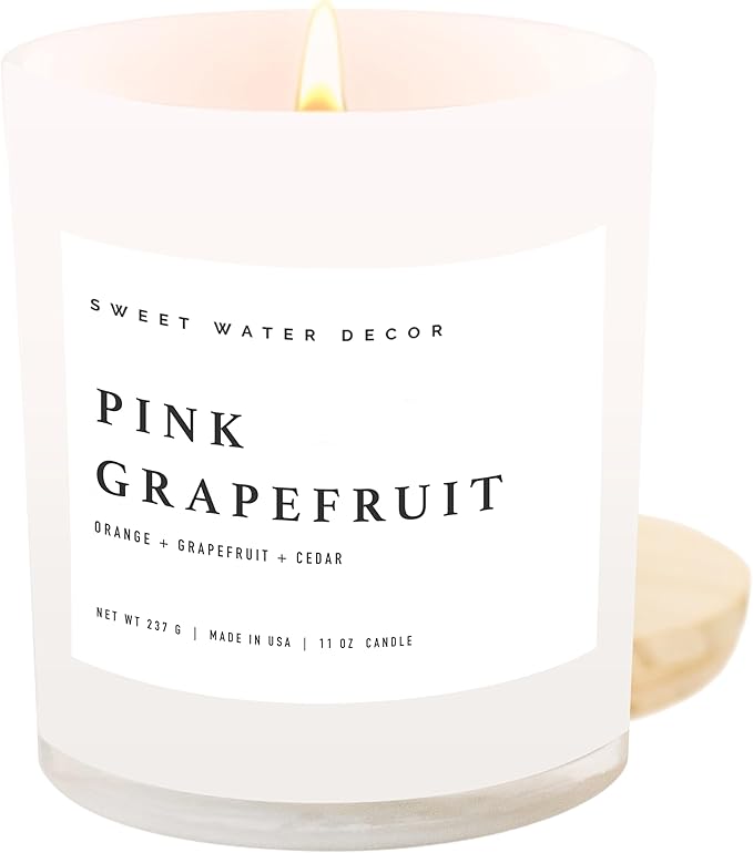 Sweet Water Decor Pink Grapefruit Scented Candles - Soy Candles with Grapefruit, Musk & Cedar for Home Decor - Candle Wax with 50 Hours Burn Time - 11Oz Wood Lid White Jar Candles for Home Scented