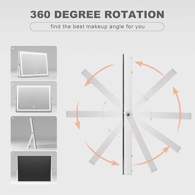 Hasipu Vanity Mirror with Lights, 17.7" x 13.8" LED Makeup Mirror with 10X Magnification, Smart Touch 3 Colors Dimmable, Brightness Adjustment, 360° Rotation, White