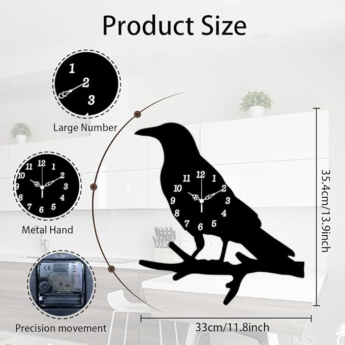 CHGCRAFT Crow Standing Branch Pattern Wall Clock 13.9 Inch Wood Grain Non-Ticking Irregular Shape Clocks Wall Hanging Clock Battery Operated for Bedroom Living Room Kitchen Office