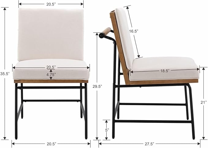 Modern Dining Chairs Set of 2, Comfy Linen Fabric Armless Upholstered Side Chairs with Backrest Wooden Black Metal Legs for Dining Room Living Room, White