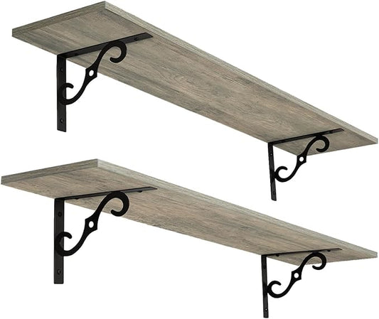 DINZI LVJ Long Wall Shelves, 39.4" Large Floating Shelves Set of 2, Farmhouse Display Shelf Wall Mounted with Heavy Duty Brackets, Easy Assembly for Kitchen, Bathroom, Bedroom, Balcony, Gray Wash