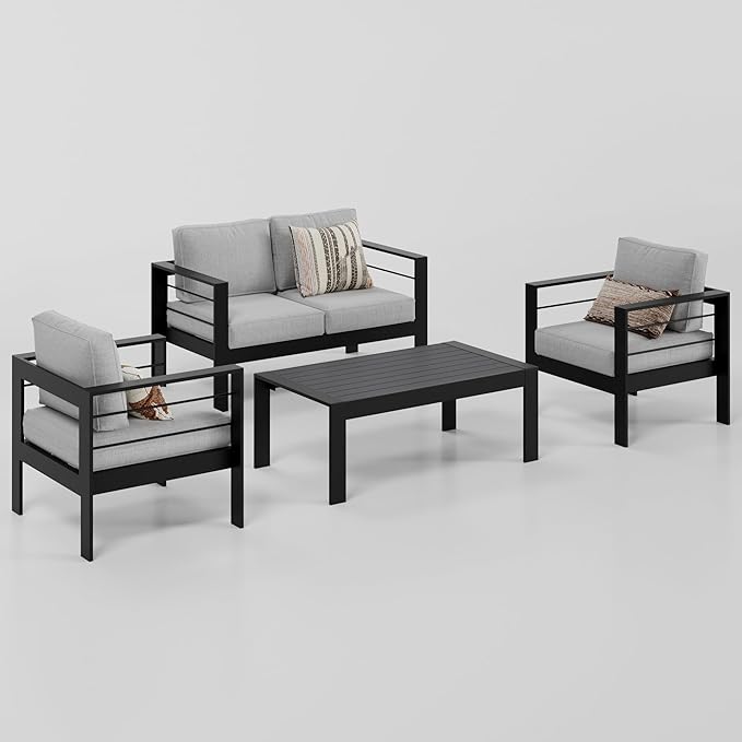 Wisteria Lane 4-Piece Aluminum Patio Furniture Set, Outdoor Furniture with Coffee Table, Metal Sofa Set for Deck, Porch, Balcony, Indoor, Black Frame & Light Grey Cushion