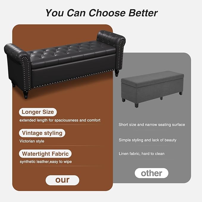 55 Inch Bedroom Bench, End of Bed Bench with Storage, Bed Benches for Foot of Bed, Faux Leather Window Bench with Rolled Arms, Upholstered Storage Bench with Tufted Button and Nailhead Trim, Black