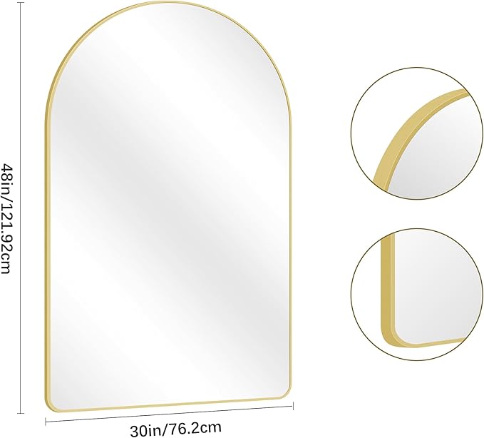 Arched Bathroom Mirror, 30"x48" Gold Arched Mirror for Bathroom, Wall Mounted Mirror, Gold Vanity Wall Mirror w/Metal Frame for Bedroom, Entryway, Living Room, Vertically Hanging